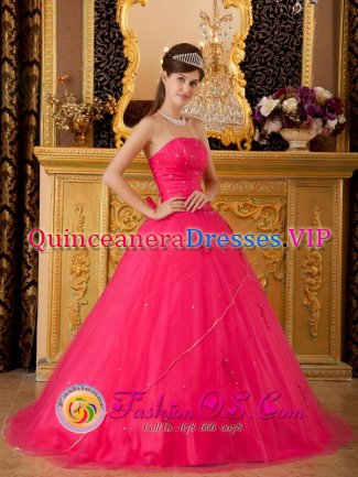 Custom Made Hot Pink A-line Strapless Quinceanera Dress With Beading Tulle Skirt In Florida