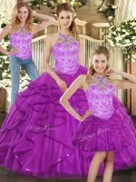 Purple Lace Up Halter Top Beading and Ruffles Quinceanera Dresses Tulle Sleeveless