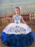 Floor Length Blue Little Girl Pageant Gowns Organza Sleeveless Embroidery and Ruffles(SKU XBLD015-9BIZ)