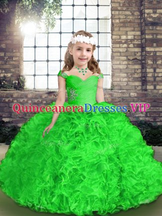 Pretty Sleeveless Floor Length Beading and Ruffles Lace Up Little Girl Pageant Gowns with Green