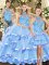 Blue Lace Up Halter Top Embroidery and Ruffled Layers Quince Ball Gowns Organza Sleeveless