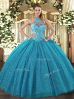 Beading and Embroidery Quince Ball Gowns Teal Lace Up Sleeveless Floor Length(SKU SJQDDT1142002-1BIZ)