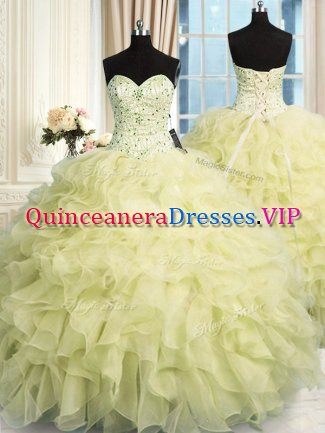 Eye-catching Yellow Ball Gowns Beading and Ruffles Sweet 16 Dress Lace Up Organza Sleeveless Floor Length