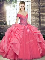 Simple Off The Shoulder Sleeveless Organza Quinceanera Gown Beading and Ruffles Lace Up