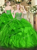 Floor Length Lace Up Sweet 16 Quinceanera Dress Green for Military Ball and Sweet 16 and Quinceanera with Beading and Ruffles