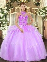 Popular Floor Length Lilac Sweet 16 Dress Halter Top Sleeveless Lace Up(SKU SJQDDT1271002-2BIZ)