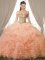 Edgy Sleeveless Organza Floor Length Lace Up Quince Ball Gowns in Peach with Beading and Ruffles and Pick Ups