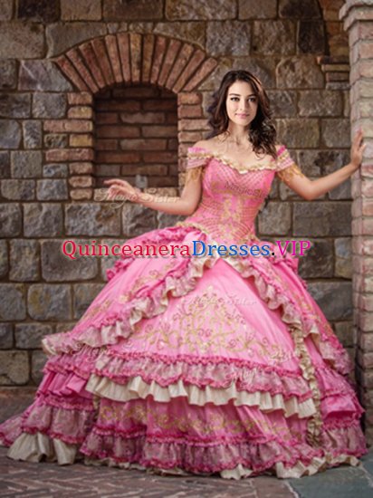 Wonderful Off the Shoulder Rose Pink Sleeveless Beading and Embroidery and Ruffled Layers Floor Length Quinceanera Gowns - Click Image to Close