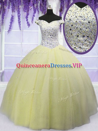 Classical Off the Shoulder Light Yellow Short Sleeves Tulle Lace Up Quinceanera Gowns for Military Ball and Sweet 16 and Quinceanera - Click Image to Close