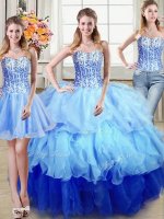 Three Piece Multi-color Ball Gowns Sweetheart Sleeveless Organza Floor Length Lace Up Ruffles and Sequins Quince Ball Gowns