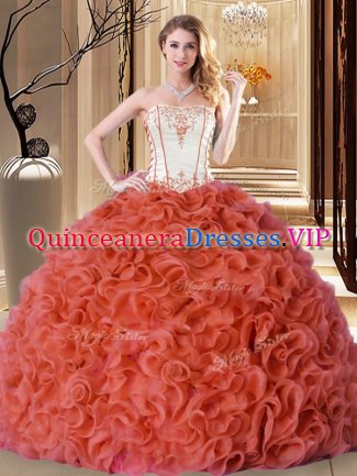 Rust Red Fabric With Rolling Flowers Lace Up Strapless Sleeveless Floor Length 15th Birthday Dress Embroidery and Ruffles
