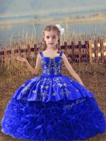 Custom Designed Royal Blue Lace Up Little Girls Pageant Dress Wholesale Embroidery Sleeveless Sweep Train(SKU XBLD016-2BIZ)