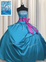 Teal Taffeta Lace Up Strapless Sleeveless Floor Length Quinceanera Gowns Beading and Ruching and Bowknot(SKU PSSW0417-8BIZ)