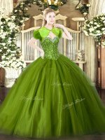 Wonderful Sleeveless Tulle Floor Length Lace Up Quince Ball Gowns in Olive Green with Beading