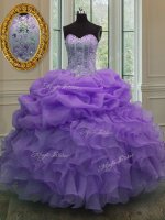 Hot Selling Organza Sweetheart Sleeveless Lace Up Beading and Pick Ups Quinceanera Gowns in Lavender