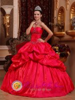 Wigton Cumbria Stylish Red Appliques Decorate Bust Quinceanera Dress With Taffeta Beading And Ruffles
