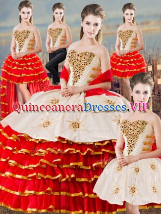 Inexpensive Sweetheart Sleeveless 15 Quinceanera Dress Floor Length Beading and Ruffled Layers White And Red