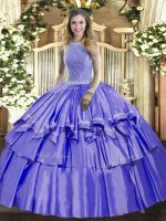 Floor Length Lace Up Sweet 16 Dresses Lavender for Military Ball and Sweet 16 and Quinceanera with Beading and Ruffled Layers