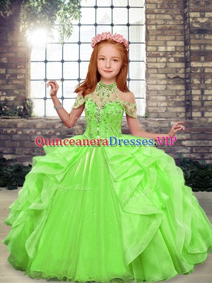 Green Sleeveless Floor Length Beading and Ruffles Lace Up Child Pageant Dress - Click Image to Close