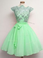 Gorgeous Apple Green A-line Scalloped Cap Sleeves Chiffon Knee Length Lace Up Lace and Belt Dama Dress for Quinceanera