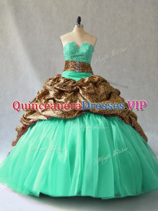 Romantic Turquoise Lace Up V-neck Beading and Pick Ups Sweet 16 Dress Organza Sleeveless Brush Train