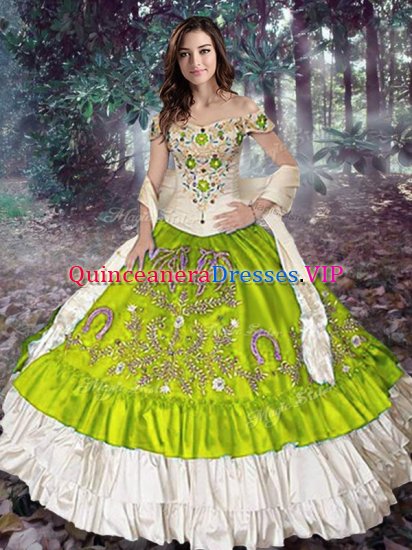 Latest Yellow Green Off The Shoulder Neckline Embroidery and Ruffled Layers Quinceanera Gown Sleeveless Lace Up - Click Image to Close