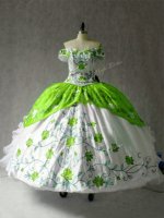 Modest Organza and Taffeta Off The Shoulder Cap Sleeves Lace Up Embroidery and Ruffles Sweet 16 Dress in Multi-color