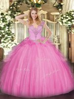 V-neck Sleeveless 15 Quinceanera Dress Floor Length Beading Rose Pink Tulle(SKU SJQDDT1247002-1BIZ)