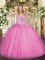 V-neck Sleeveless 15 Quinceanera Dress Floor Length Beading Rose Pink Tulle