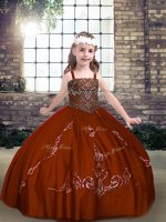 Rust Red Ball Gowns Straps Sleeveless Tulle Floor Length Lace Up Beading Pageant Gowns For Girls