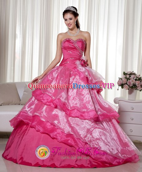 Ronda Spain Sweetheart Beading Decorate Hot Pink Taffeta and Organzaand Hand Made Flower Pretty Quinceanera Dress - Click Image to Close