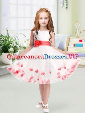 White Tulle Zipper Scoop Sleeveless Knee Length Little Girls Pageant Gowns Appliques and Belt