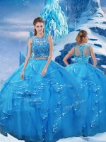 Ideal Baby Blue Sleeveless Floor Length Beading and Ruffles Zipper Quinceanera Gown
