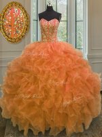 New Arrival Orange Organza Lace Up Quinceanera Dress Sleeveless Floor Length Beading and Ruffles