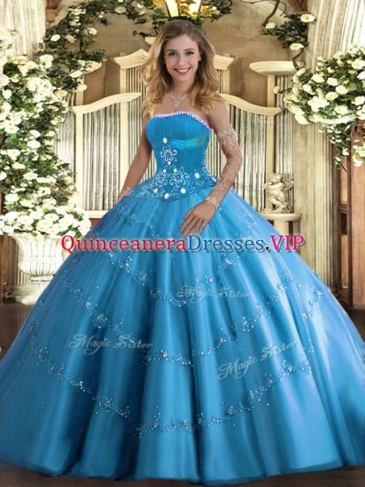 Charming Baby Blue Tulle Lace Up Strapless Sleeveless Floor Length Quinceanera Dresses Beading and Appliques - Click Image to Close