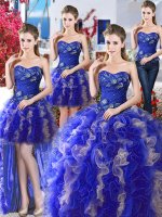 Custom Design Four Piece Blue Ball Gowns Beading Quinceanera Dress Lace Up Organza Sleeveless Floor Length