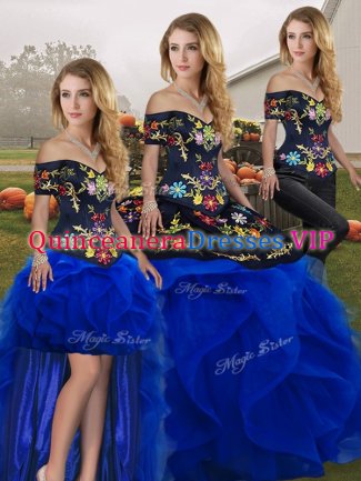 Royal Blue Tulle Lace Up Off The Shoulder Sleeveless Floor Length Sweet 16 Quinceanera Dress Embroidery and Ruffles