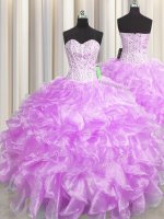 Visible Boning Zipper Up Lilac Ball Gowns Sweetheart Sleeveless Organza Floor Length Zipper Beading and Ruffles Vestidos de Quinceanera