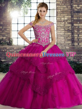 Off The Shoulder Sleeveless Sweet 16 Dresses Brush Train Beading and Lace Fuchsia Tulle