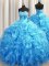 Best Selling Sweetheart Sleeveless Quince Ball Gowns Sweep Train Beading and Ruffles Baby Blue Organza