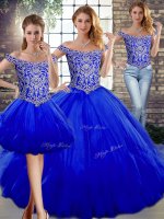 Floor Length Three Pieces Sleeveless Royal Blue Quinceanera Dresses Lace Up