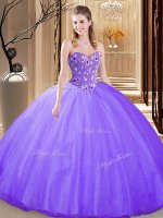 Sleeveless Tulle Floor Length Lace Up Quince Ball Gowns in Lavender with Embroidery