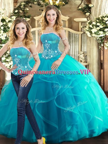 Edgy Floor Length Ball Gowns Sleeveless Aqua Blue 15th Birthday Dress Lace Up - Click Image to Close