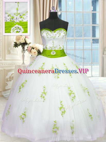 White Ball Gowns Appliques and Belt Quinceanera Dress Lace Up Tulle Sleeveless Floor Length - Click Image to Close