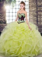 Yellow Green 15 Quinceanera Dress Military Ball and Sweet 16 and Quinceanera with Embroidery and Ruffles Sweetheart Sleeveless Sweep Train Lace Up(SKU SJQDDT2164002-5BIZ)