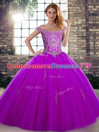 Fashion Purple Quinceanera Gowns Military Ball and Sweet 16 and Quinceanera with Beading Off The Shoulder Sleeveless Lace Up