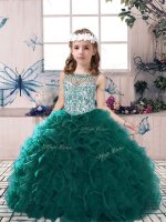 Customized Peacock Green Ball Gowns Organza Scoop Sleeveless Beading and Ruffles Floor Length Lace Up Little Girls Pageant Dress Wholesale