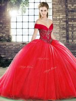 Organza Off The Shoulder Sleeveless Brush Train Lace Up Beading 15th Birthday Dress in Red(SKU SJQDDT2084002-2BIZ)