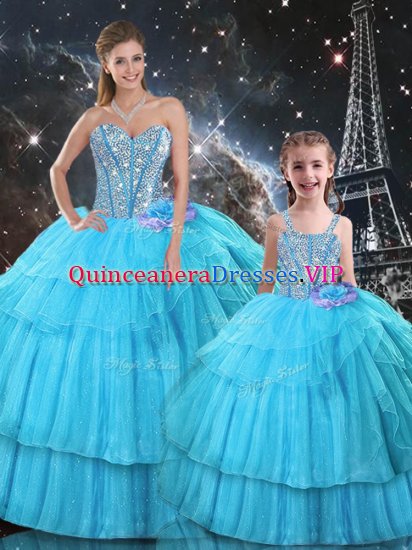 Floor Length Lace Up Vestidos de Quinceanera Aqua Blue for Military Ball and Sweet 16 and Quinceanera with Ruffled Layers and Sequins - Click Image to Close