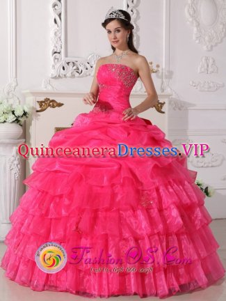 Gorgeous Ruffles Layered Hot Pink Beaded Decrate Bust and Ruch Sweet Quinceanera Gowns With Floor-length In Littleton New hampshire/NH
